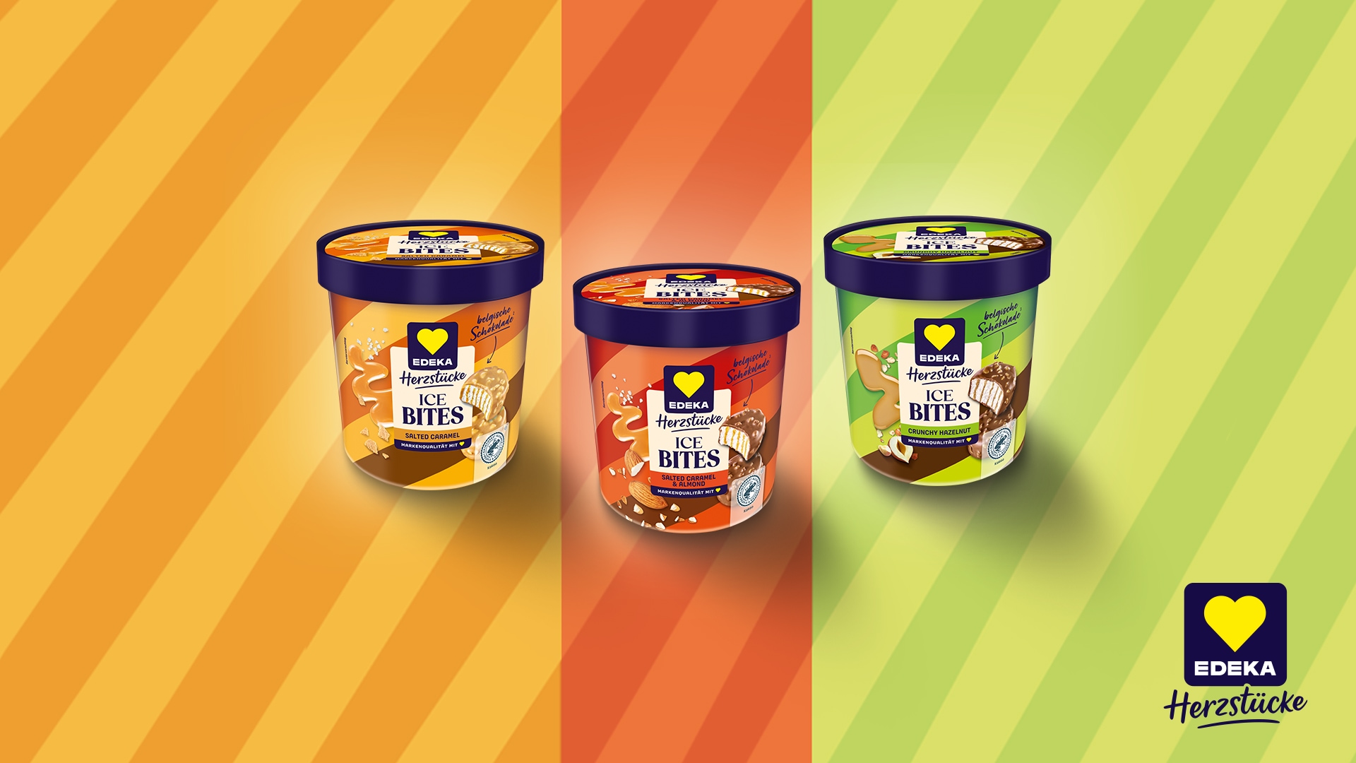 Drei Becher EDEKA Herzstücke Ice Bites in den Sorten Salted Caramel, Salted Caramel Almond und Crunchy Hazelnut.