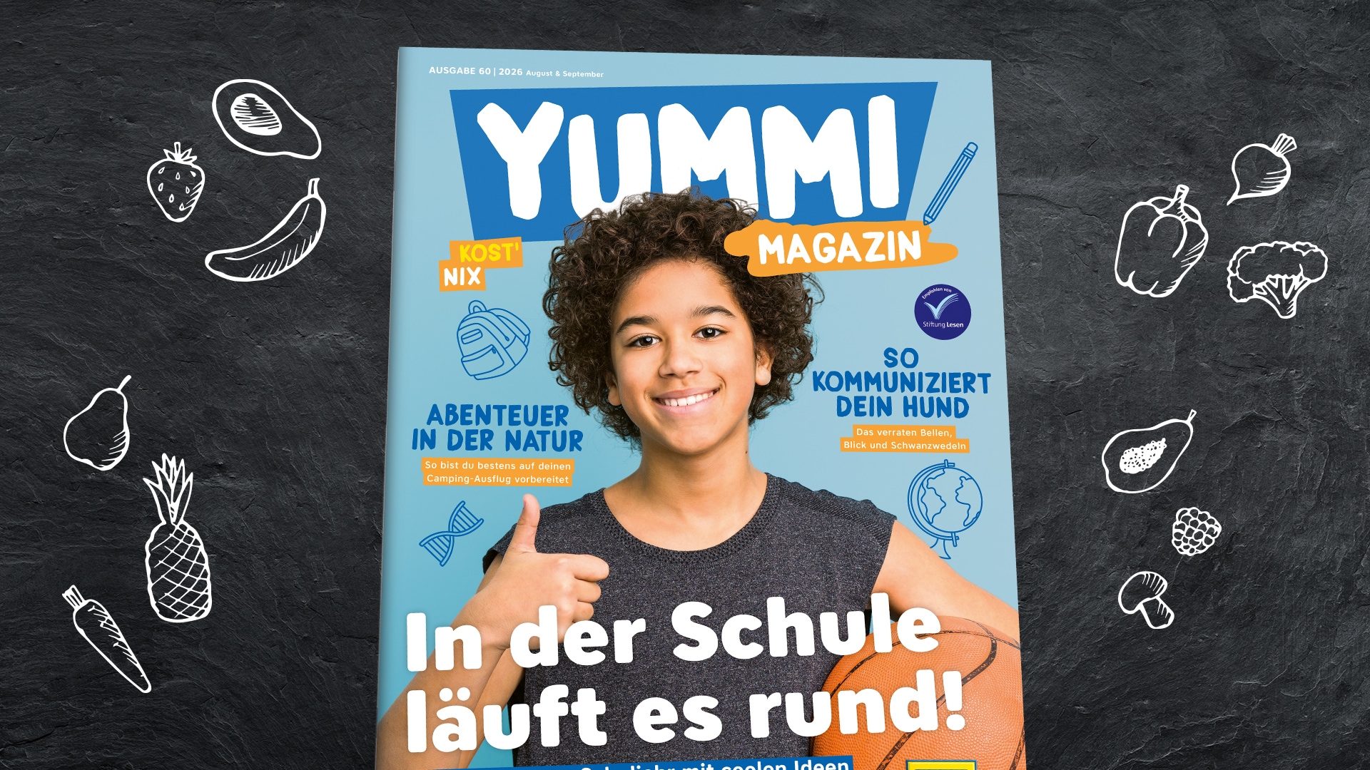 Titelbild des YUMMI Magazins mit Schulstart-Thema.