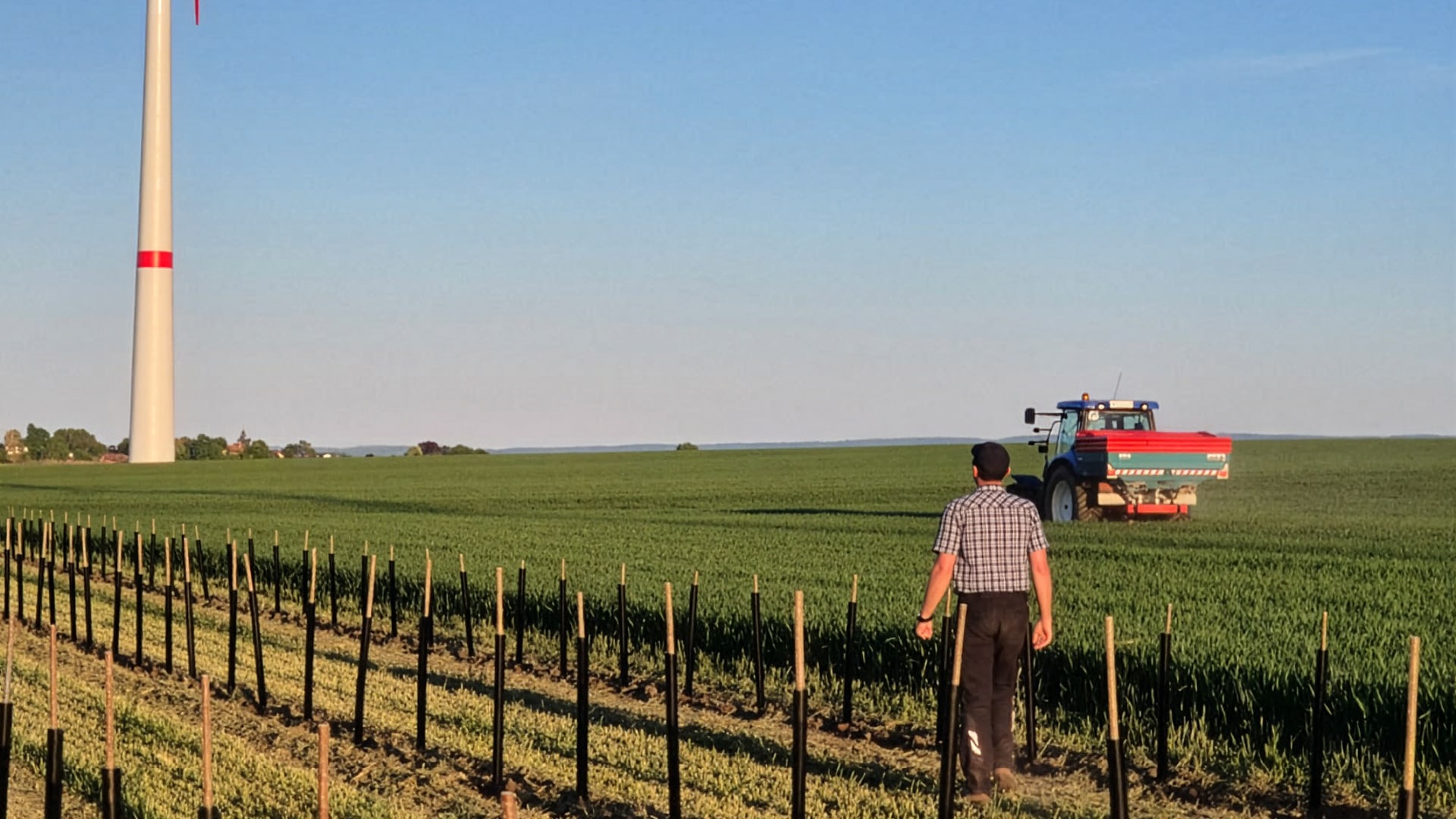 Person steht in einem Weinberg und blickt über ein Feld mit Windrad und landwirtschaftlicher Maschine im Hintergrund.