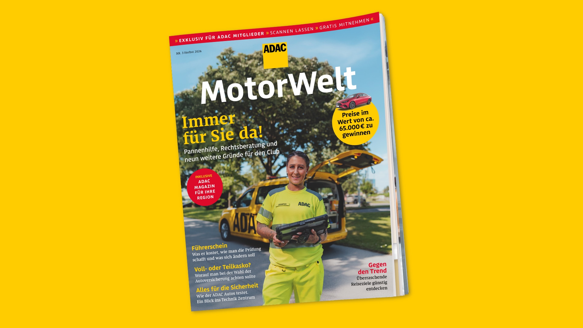 Titelseite des ADAC-Magazins „MotorWelt“ auf gelbem Hintergrund, mit einer ADAC-Pannenhilfe-Person vor einem ADAC-Fahrzeug und Hinweisen zu Service- und Mobilitätsthemen.