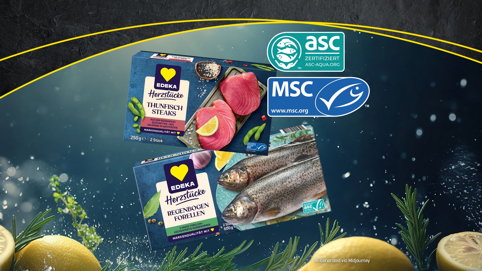 EDEKA Herzstücke Thunfischsteaks und Regenbogenforellen vor Unterwasser-Hintergrund, daneben die Nachhaltigkeitssiegel ASC und MSC.