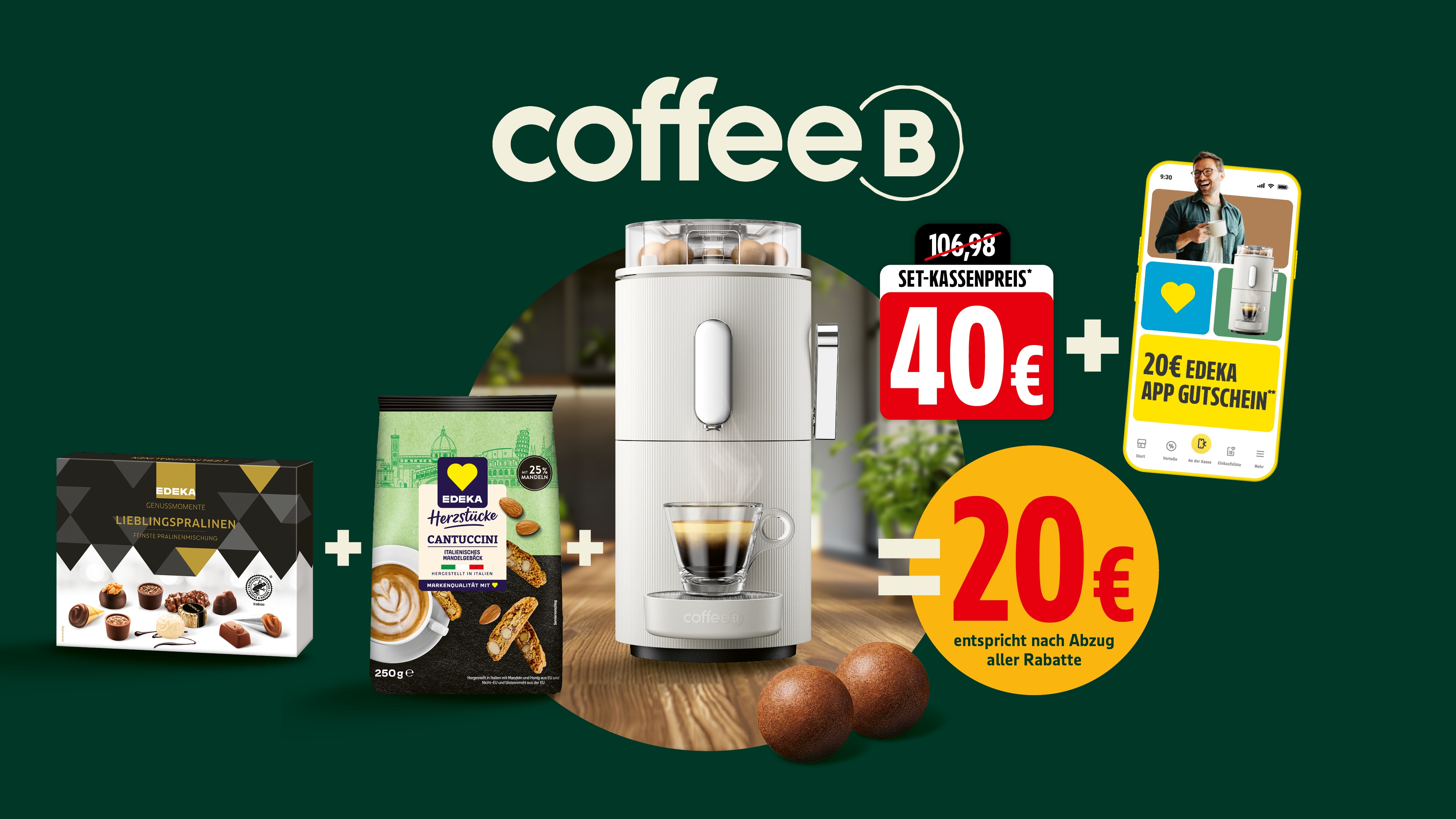 Diese Woche CoffeeB Bundle: Kaffeemaschine, Cantuccini & Pralinen für 40 €.