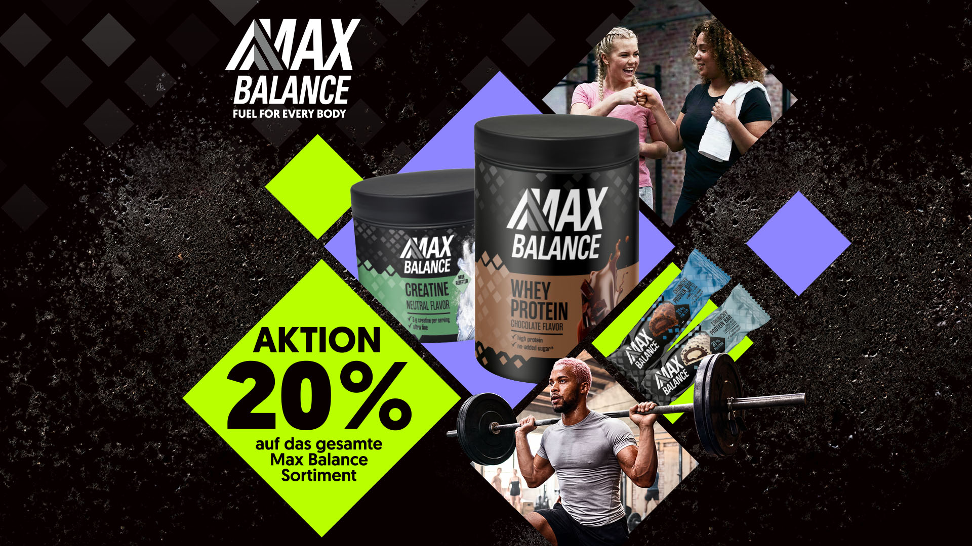 MAX-Balance-Sportnahrung mit Whey Protein und Creatin vor dunklem Hintergrund. Text: „Aktion 20 % auf das gesamte Max Balance Sortiment“, ergänzt durch Fitnessmotive und Trainingsszenen.