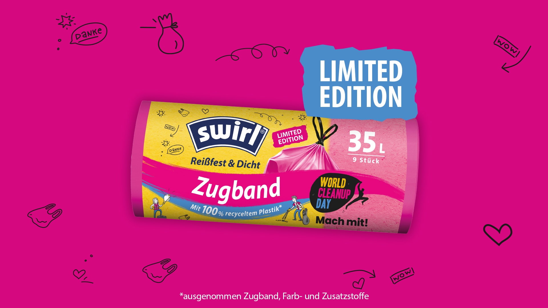 Die Abbildung zeigt die limitierte 35L Müllbeutel von Swirl zum World Cleanup Day, in einem knalligen Pink.