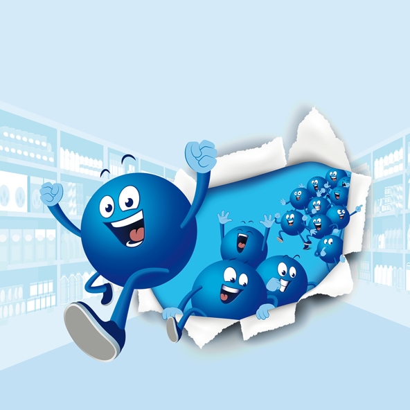 Mehrere blaue PAYBACK-Maskottchen brechen durch eine aufgerissene Papierwand in einem Supermarktgang; im Vordergrund läuft eine große Figur vor weiteren kleinen Figuren.