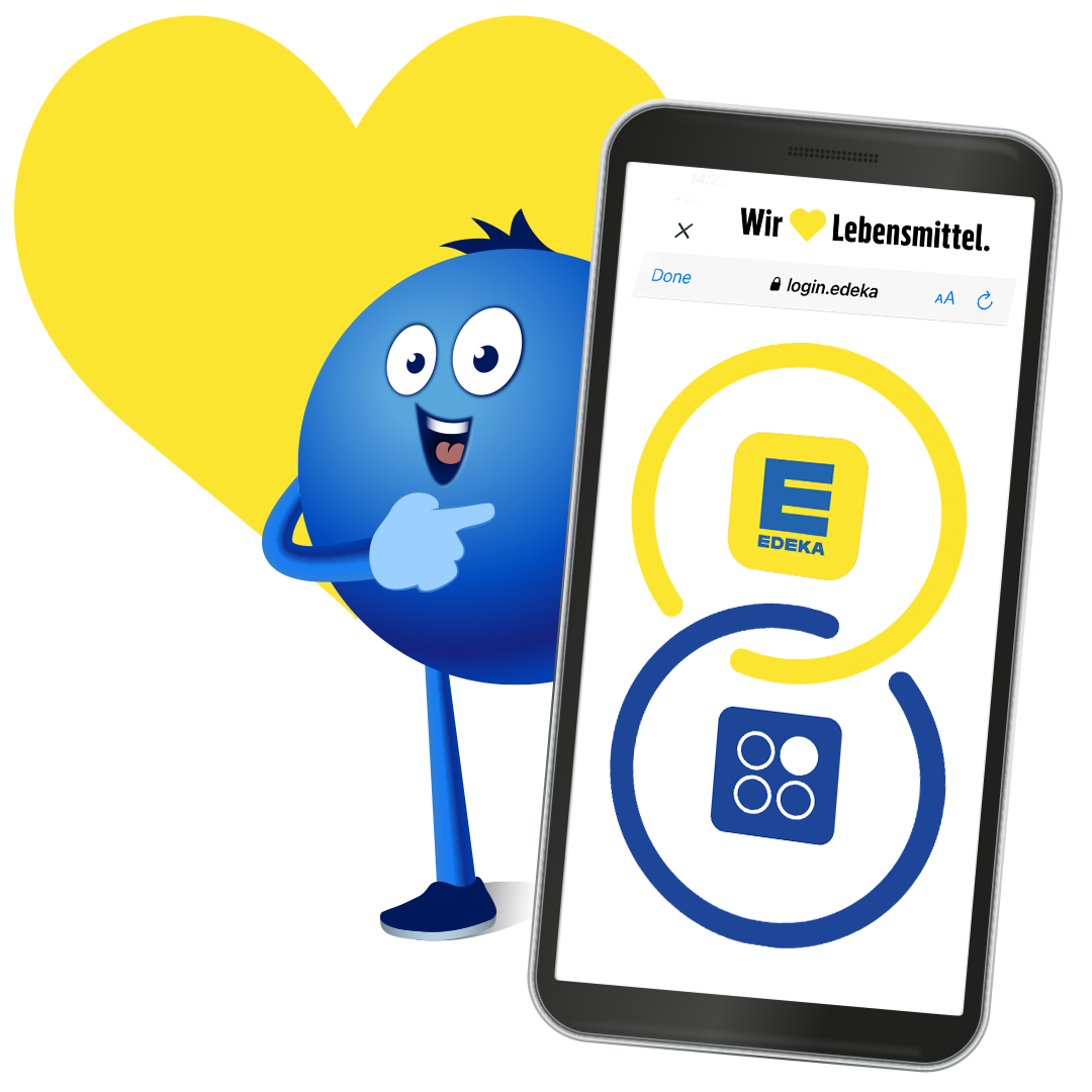 Smartphone mit EDEKA‑App vor gelbem Herz; blaue Comicfigur zeigt darauf, Text „Wir ♥ Lebensmittel.“
