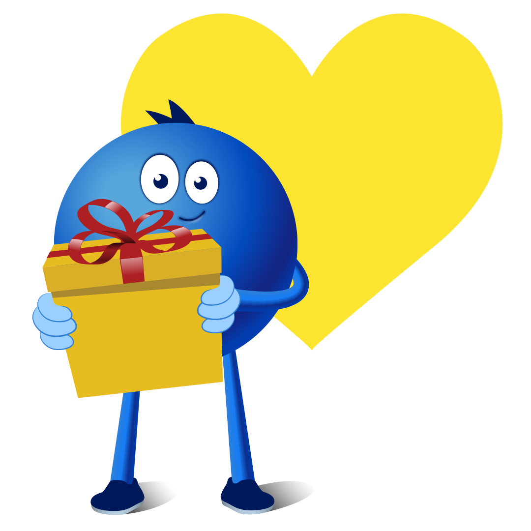 Blaue Comicfigur hält Geschenk vor gelbem Herz.