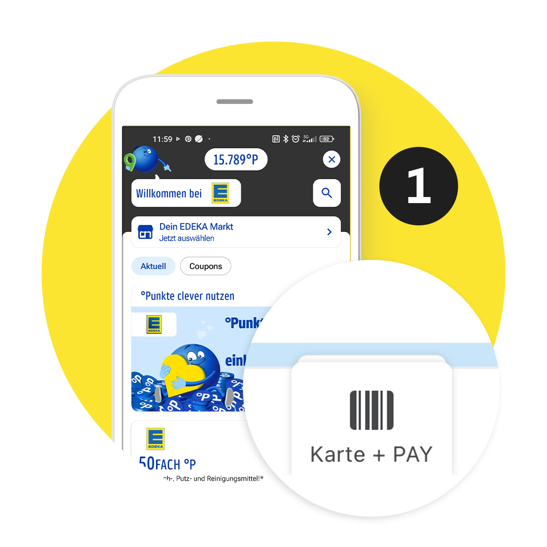Smartphone mit geöffneter EDEKA-App und hervorgehobener Funktion „Karte + PAY“ zur mobilen Bezahlung.