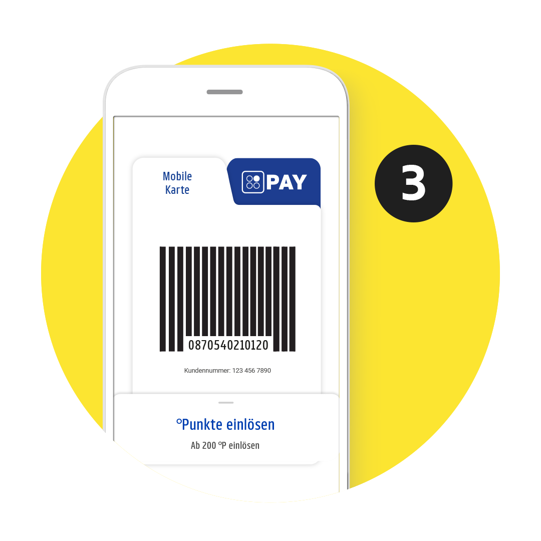 Smartphone mit digitaler PAY-Karte und Barcode.