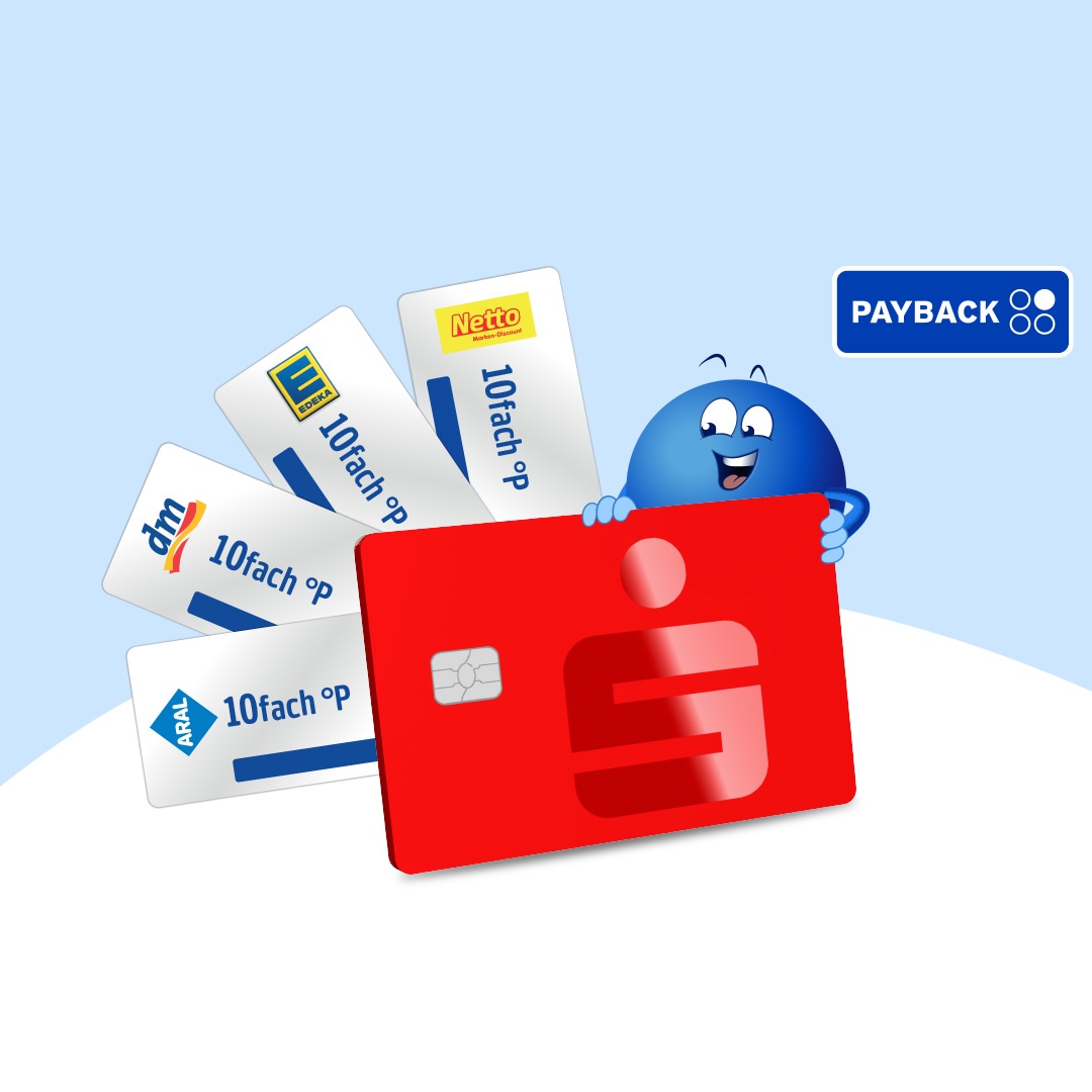 PAYBACK-Pointee hinter einer roten Sparkassen-Karte, umgeben von 10fach-Punkte-Coupons von EDEKA, Netto, dm und Aral. PAYBACK-Logo rechts oben.