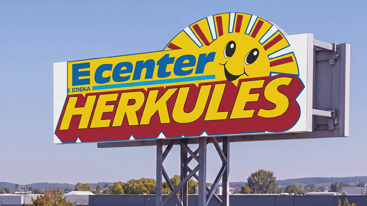 Großes blau-gelbes E center HERKULES Werbeschild vor blauem Himmel mit EDEKA Logo und lachender Sonne