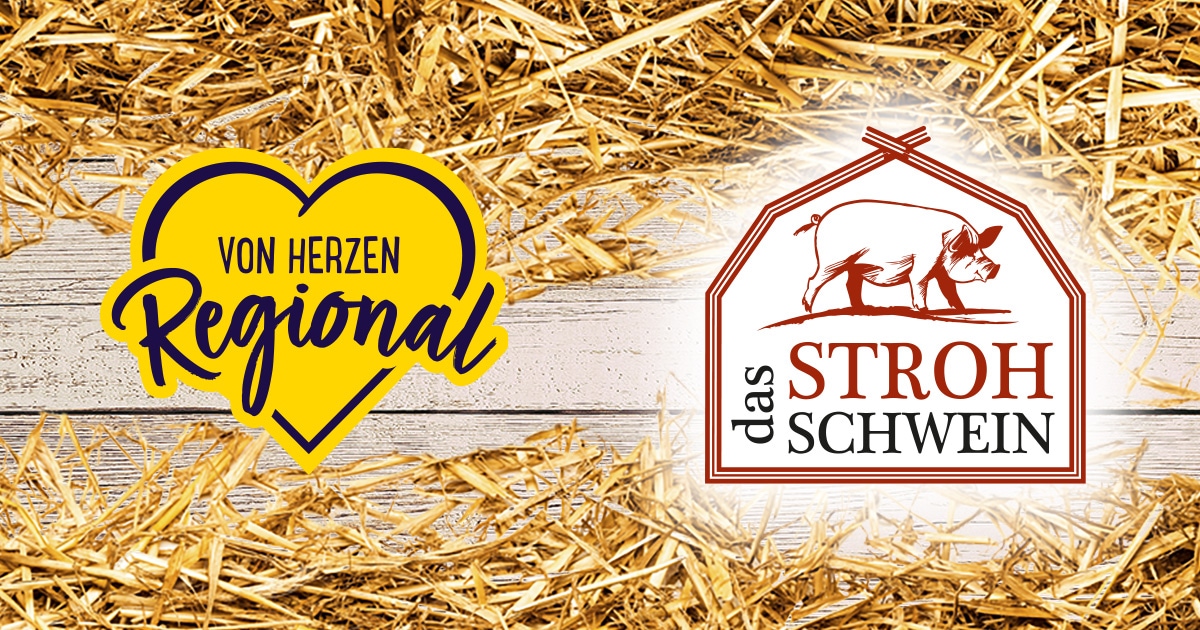 Logo „Von Herzen Regional“ und das Siegel „das Strohschwein“ auf einem Hintergrund aus Holz und Stroh.
