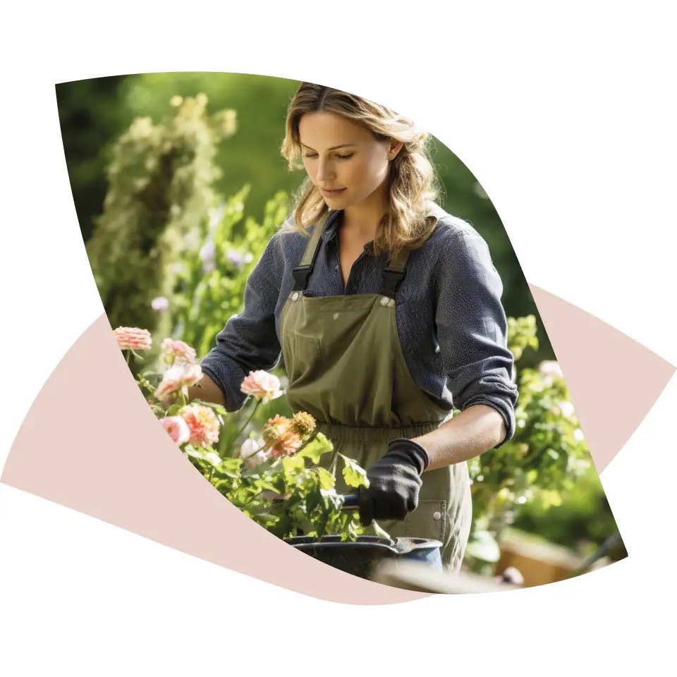 Eine Frau mit Schürze und Handschuhen arbeitet an einem Blumenbeet.