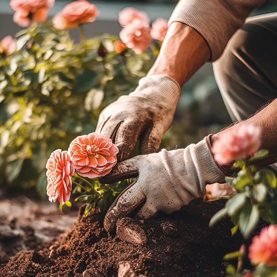 Zwei Hände mit Gartenhandschuhen pflanzen rote Blumen ein.