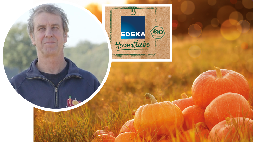 Collage aus drei Bildern: Ein Mann in blauem Fleece-Pullover, das Logo der EDEKA Heimatliebe sowie ein Feld mit Kürbissen.