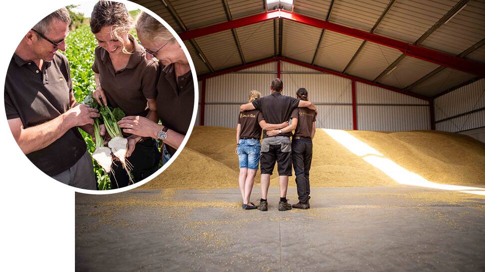 Collage aus zwei Bildern: Drei Menschen in einer großen Lagerhalle, der Mann in der Mitte legt seine Arme auf die Schultern der Personen neben ihm. Drei Menschen auf einem Feld, die lächelnd eine weiße Rübe betrachten.