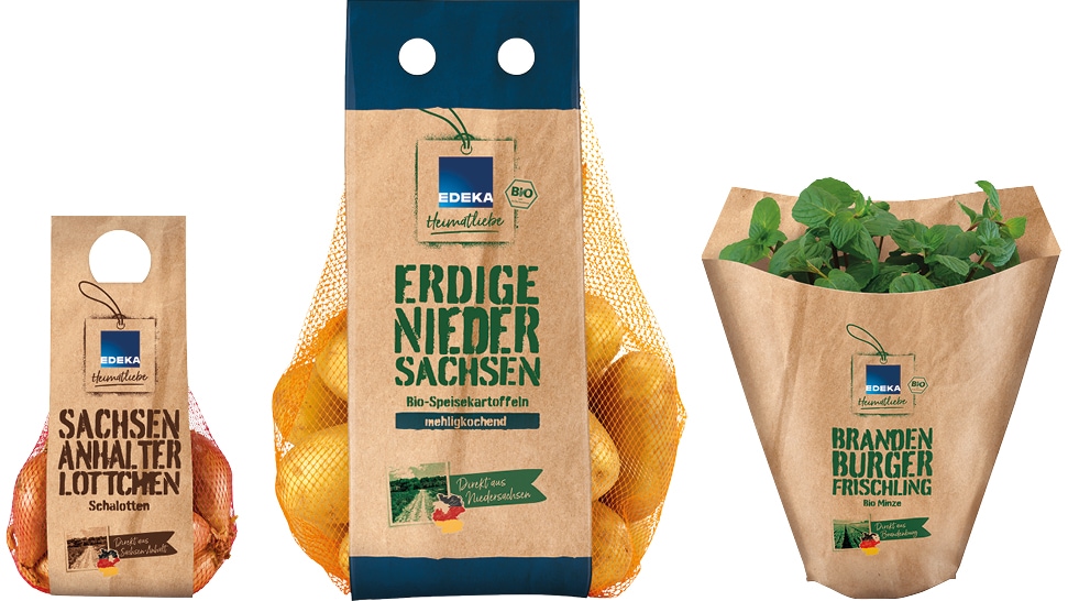 Drei Produkte: Sachsen Anhalter Lottchen Schalotten, Erdige Niedersachsen Bio-Speisekartoffeln und Brandenburger Frischling Bio Minze.