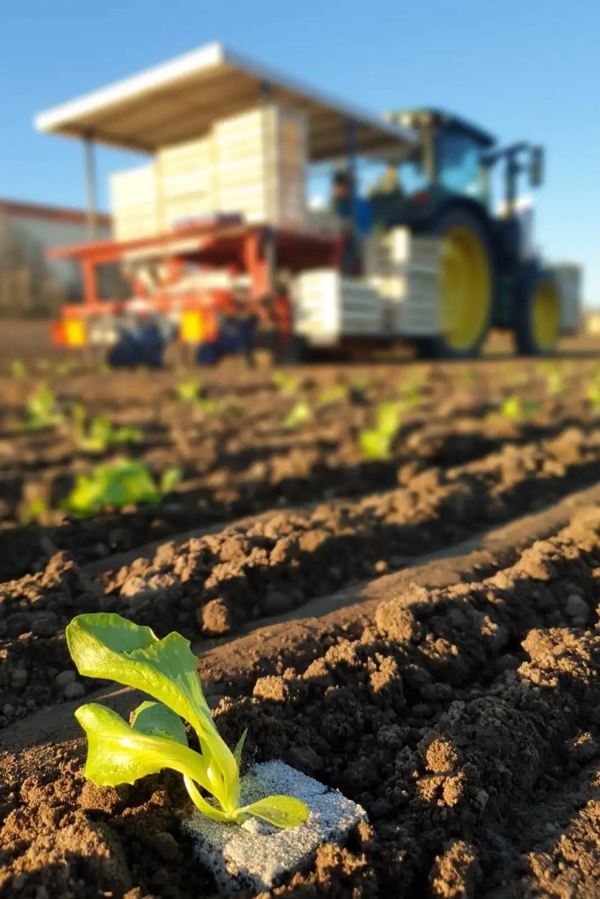Close-up einer kleinen grünen Pflanze auf einem bestellten Feld. Im unscharfen Hintergrund ein Traktor.