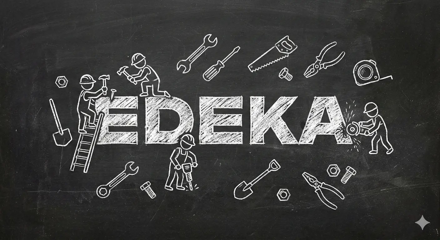 Das Bild zeigt einen EDEKA Schriftzug mit Kreide schraffiert an dem stilisierte Handwerker im Icon Stil rumbauen. Rundherum sind Werkzeugicons verteilt. dEr Hintergrund ist eine Tafel und die Grafiken und der Text sind weiß. Das Bild wurde mit Gemini Banana Pro erstellt.