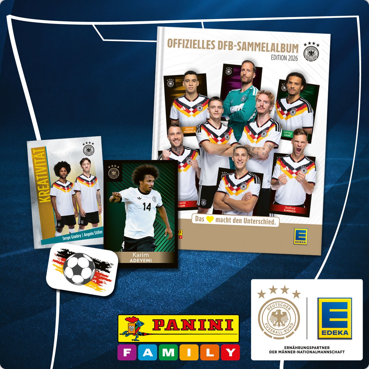 Das Bild zeigt einen Hintergrund in blau gehalten mit einem gezeichneten Fußballfeld. Darauf liegt das neue Panini Sammelalbum zur WM, beispielhafte Sammelkarten, sowie das Paninin Logo und das Kooperationslogo des DFB und EDEKA.