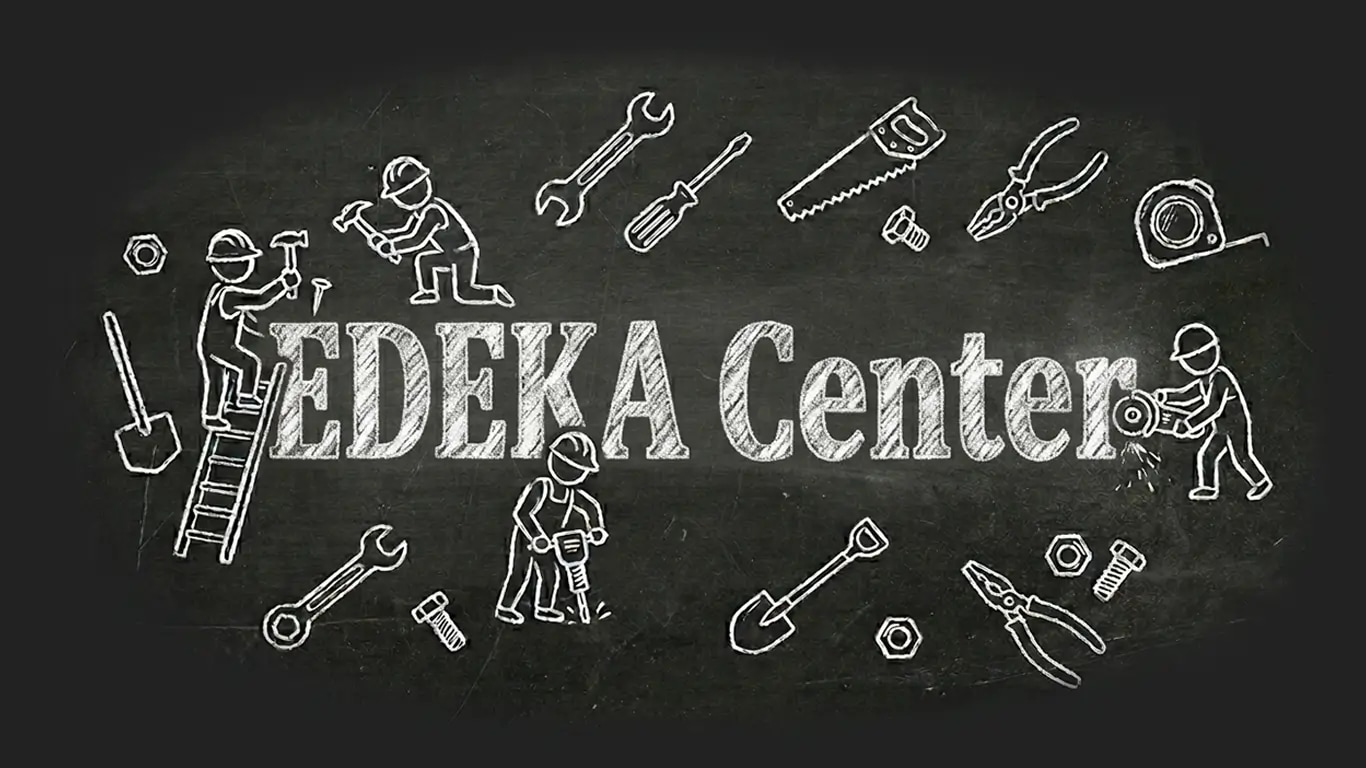 Dieses Bild zeigt Handwerker Icons und Werkzeuge im Ionstil mit dem SChriftzug EDEKA Center in Kreideoptik auf einem Schieferhintergrund. Das Bild wurde mit Gemini (KI generiert) erstellt.