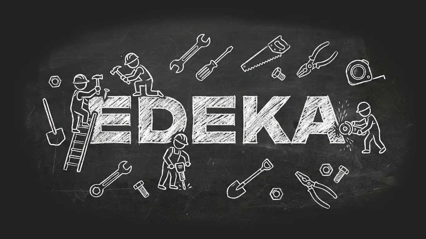 Dieses Bild zeigt Handwerker Icons und Werkzeuge im Ionstil mit dem SChriftzug EDEKA in Kreideoptik auf einem Schieferhintergrund. Das Bild wurde mit Gemini (KI generiert) erstellt.
