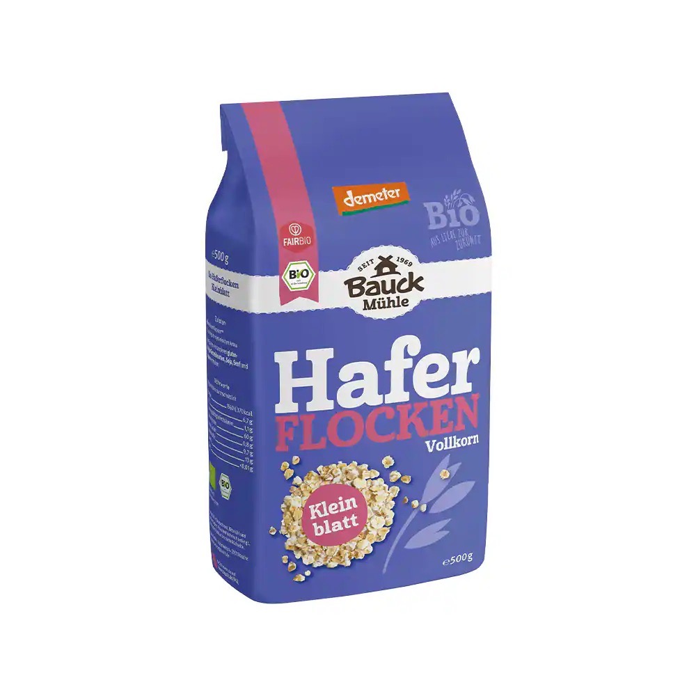 Lila 500 Gramm Packung Haferflocken von Bauck Mühle.