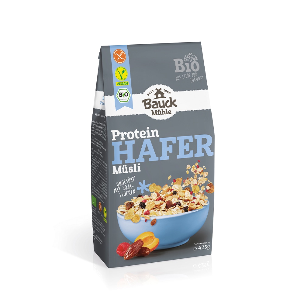 Dunkelgraue 425-Gramm-Packung Protein Hafer Müsli von Bauck Mühle.