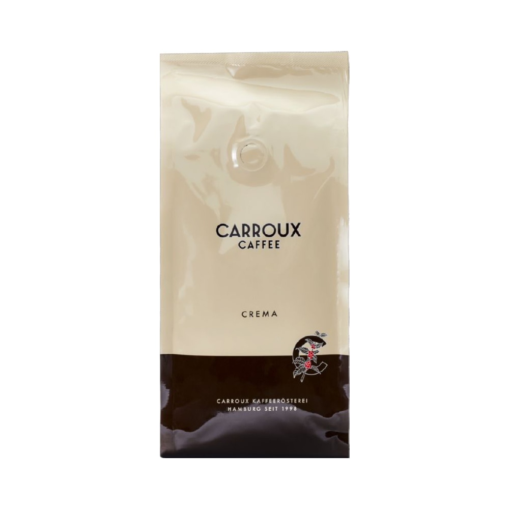 Verpackung für Carroux Caffee Crema. Die oberen drei Viertel sind cremefarben, das untere Viertel ist braun.