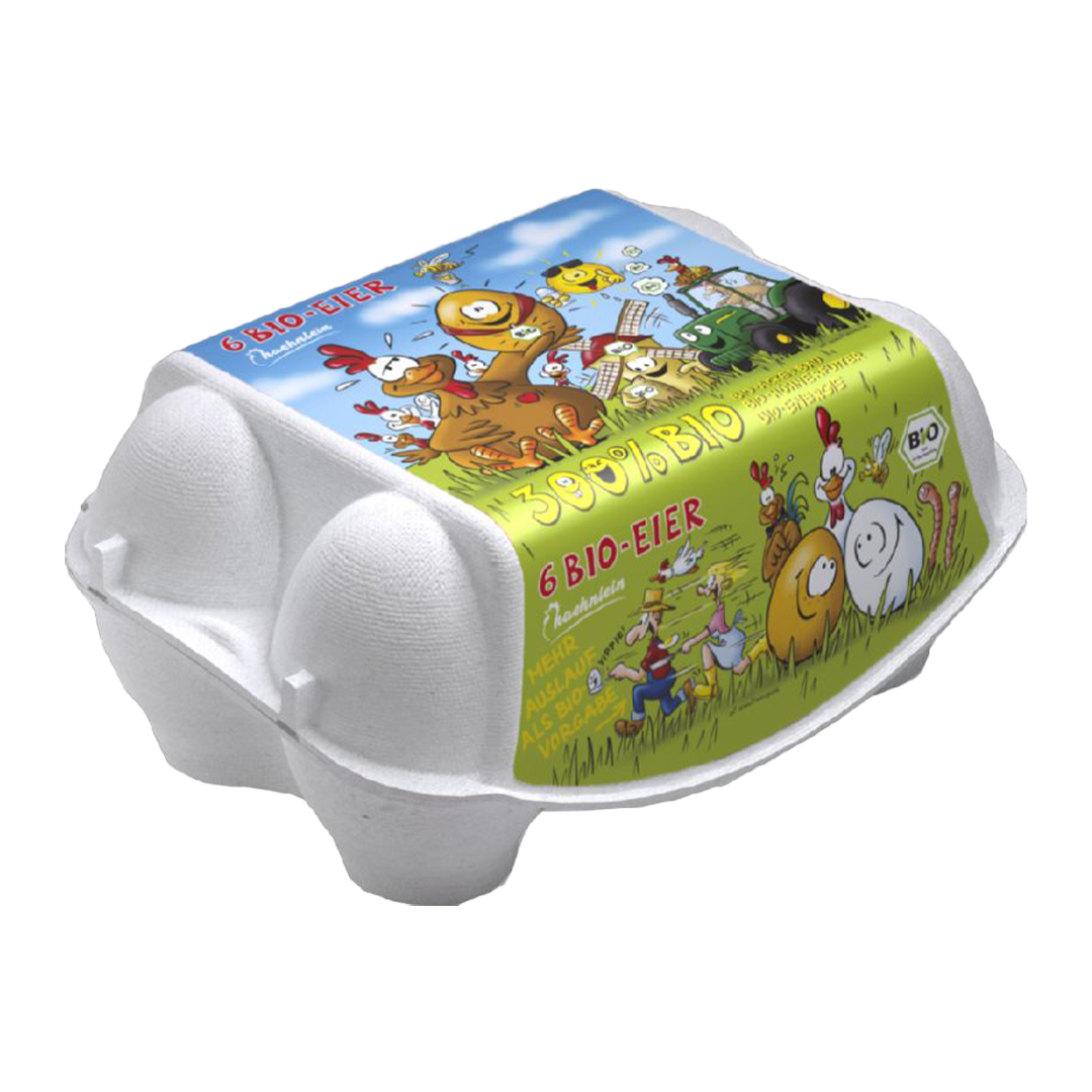 Bunt gestalteter Eierkarton mit Hühnern, Eiern und Menschen im Comicstil.