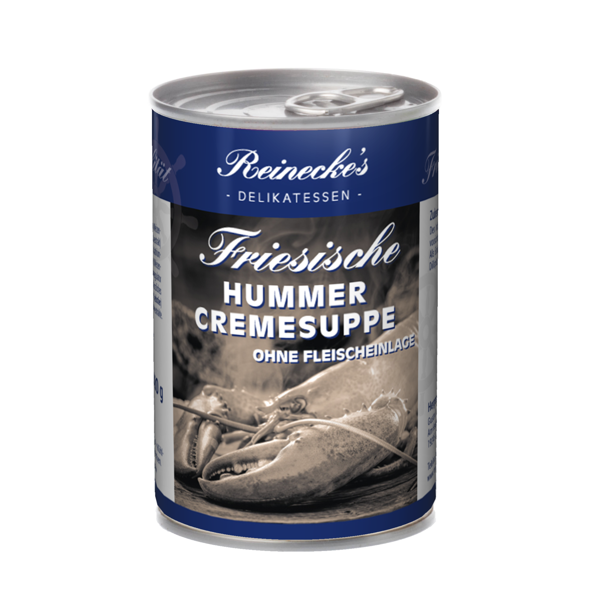 Blau-weiße Konservendose mit der Aufschrift: Reinecke´s Delikatessen. Friesische Hummer Cremesuppe ohne Fleischeinlage.