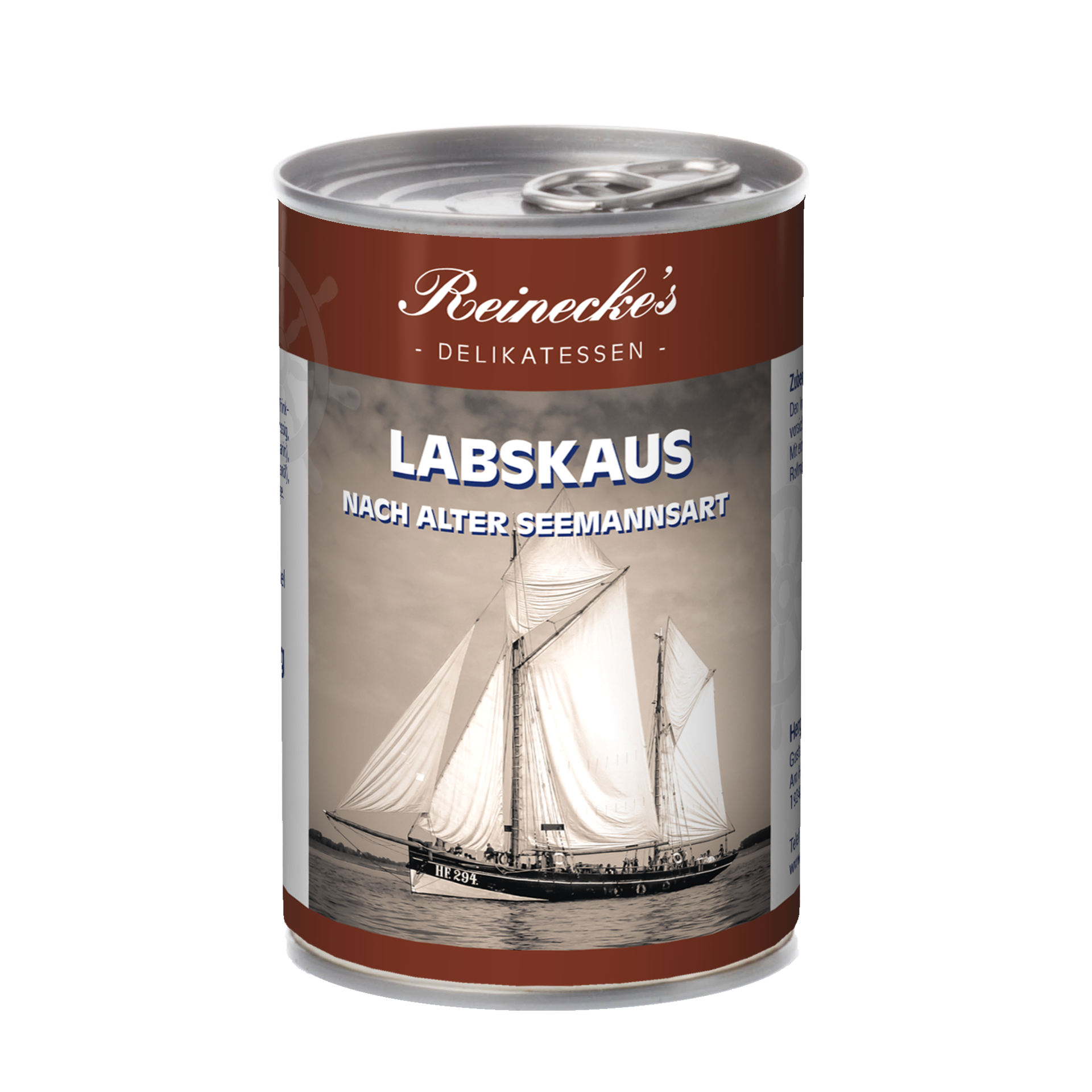 Rot-weiße Konservendose mit Segelschiff und der Aufschrift: Labskaus nach alter Seemannsart.