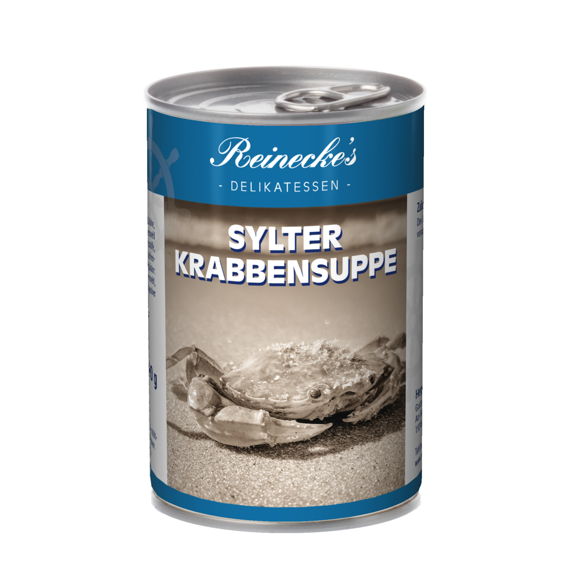 Blau-weiße Konservendose mit Krabbe und der Aufschrift: Reinecke´s Deilatessen. Sylter Krabbensuppe.