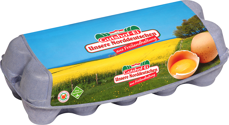 Mit Landschaftsfoto bedruckter Eierkarton von Gutshof-Ei mit Text: Unsere Norddeutschen aus Freilandhaltung.