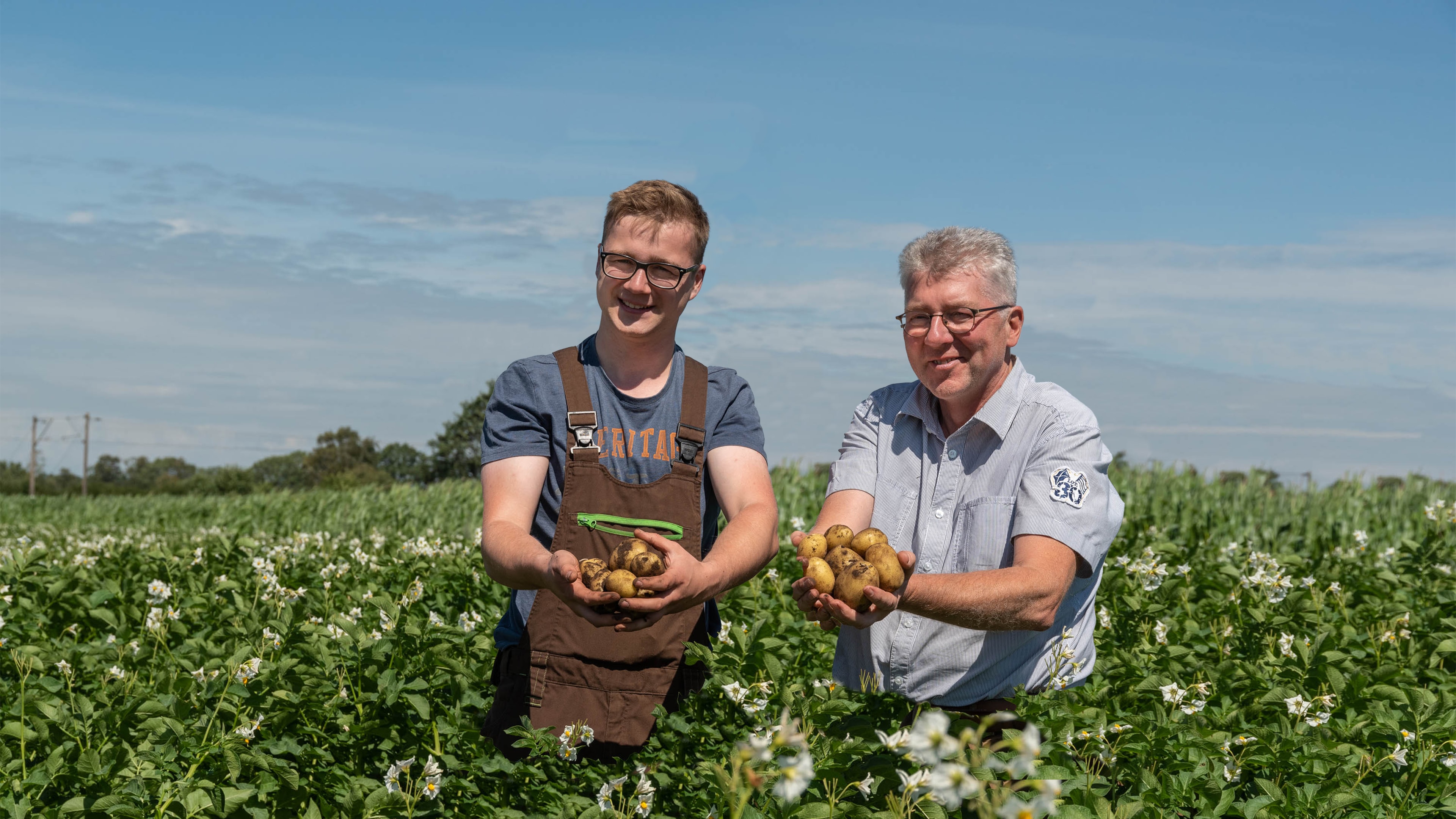 Ein jüngerer und ein älterer Herr stehen in einem Feld mit hüfthohen grünen Pflanzen. In ihren Händen halten sie Kartoffeln.