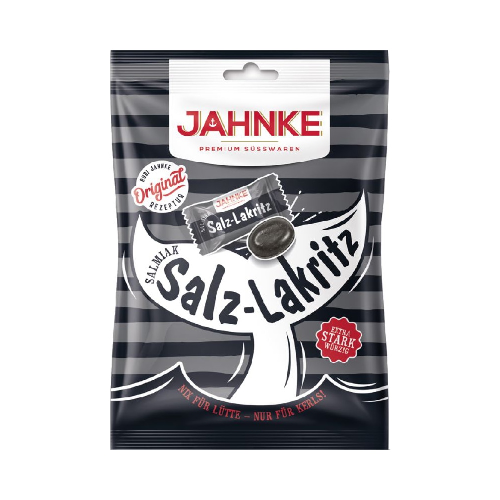 Grau-schwarz gestreifte Packung von Jahnke für Salmiak Salz-Lakritz.