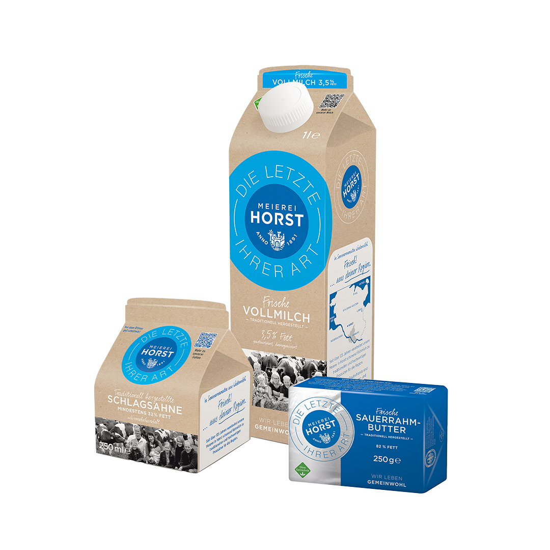 Schlagsahne, Vollmilch und Sauerrahmbutter von der Meierei Horst. Die Packungen sind hellbraun und blau.