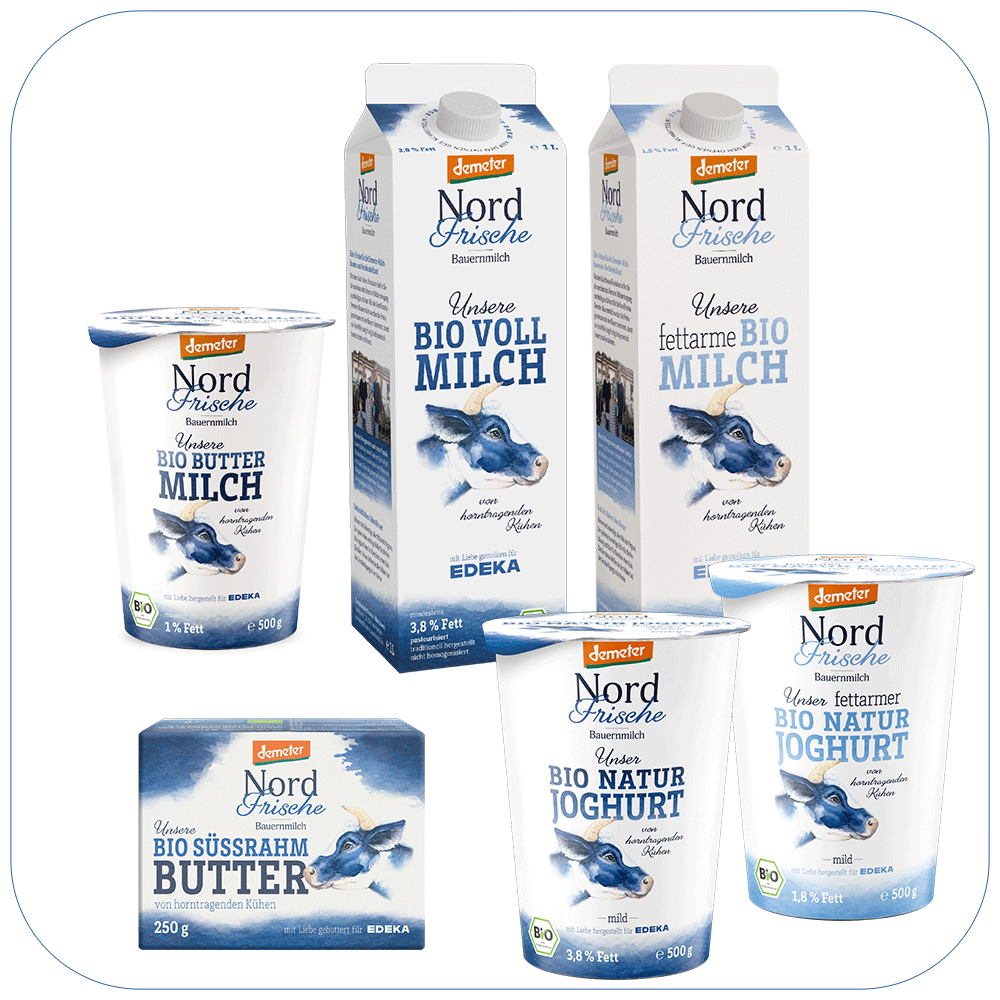 Produktpalette von Nordfrische: Bio Buttermilch, Bio Vollmilch, fettarme Biomilch, Bio Süssrahm Butter, Bio Natur Joghurt und fettarmer Bio Natur Joghurt.