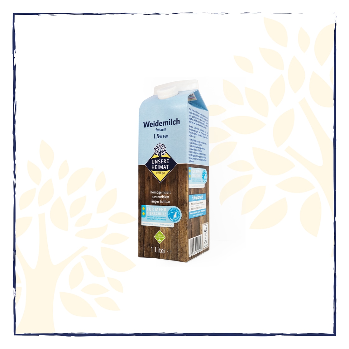 1-Liter-Packung Weidemilch fettarm 1,5 % fett von Unsere Heimat.