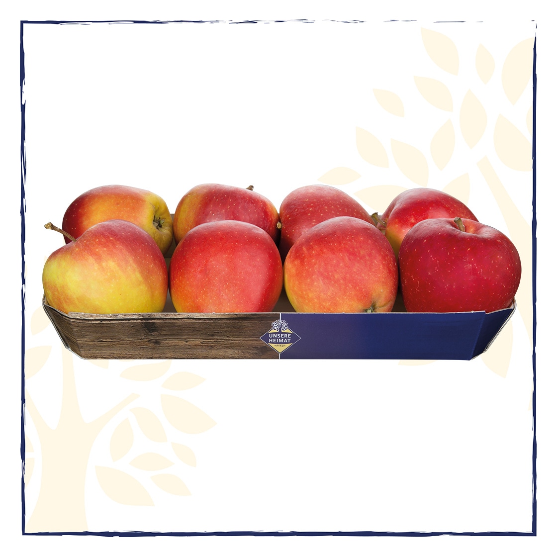 Acht rote Äpfel in einer blauen Pappschale mit der Aufschrift Unsere Heimat.