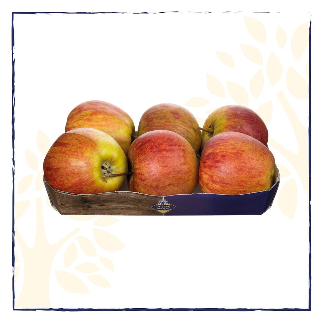 Sechs rot-gelbe Äpfel in einer blauen Pappschale mit der Aufschrift Unsere Heimat.