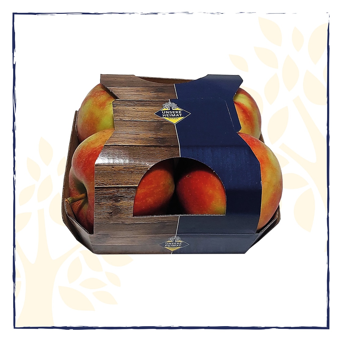Vier rot-gelbe Äpfel in einer geschlossenen Papp-Verpackung mit der Aufschrift Unsere Heimat.