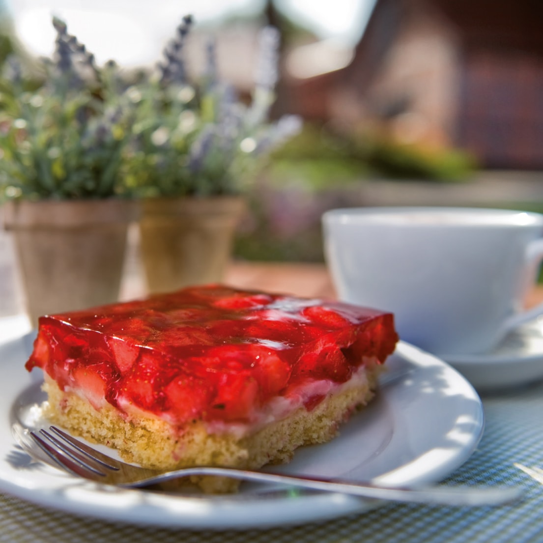 Ein Stück Erdbeerkuchen mit Gelatine auf einem weißen Teller mit Gabel.