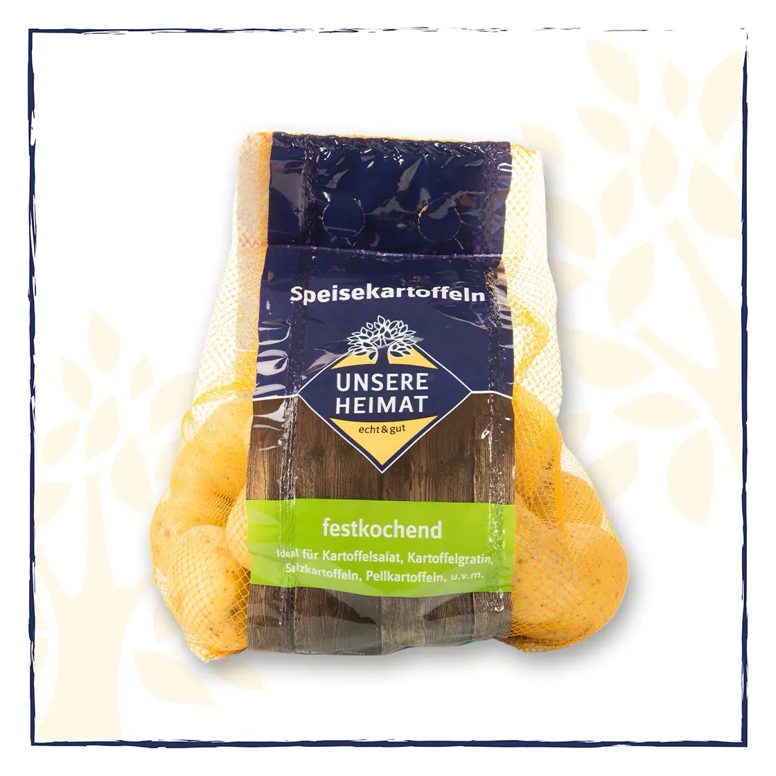 Ein Netz mit Speisekartoffeln. AUf dem Etikett steht Unsere Heimat echt & gut.