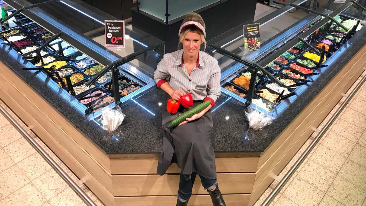 Auf der Ecke der Salatbar sitzt eine Frau in EDEKA-Kleidung. In ihren Händen hält sie zwei rote Paprika und eine Salatgurke.