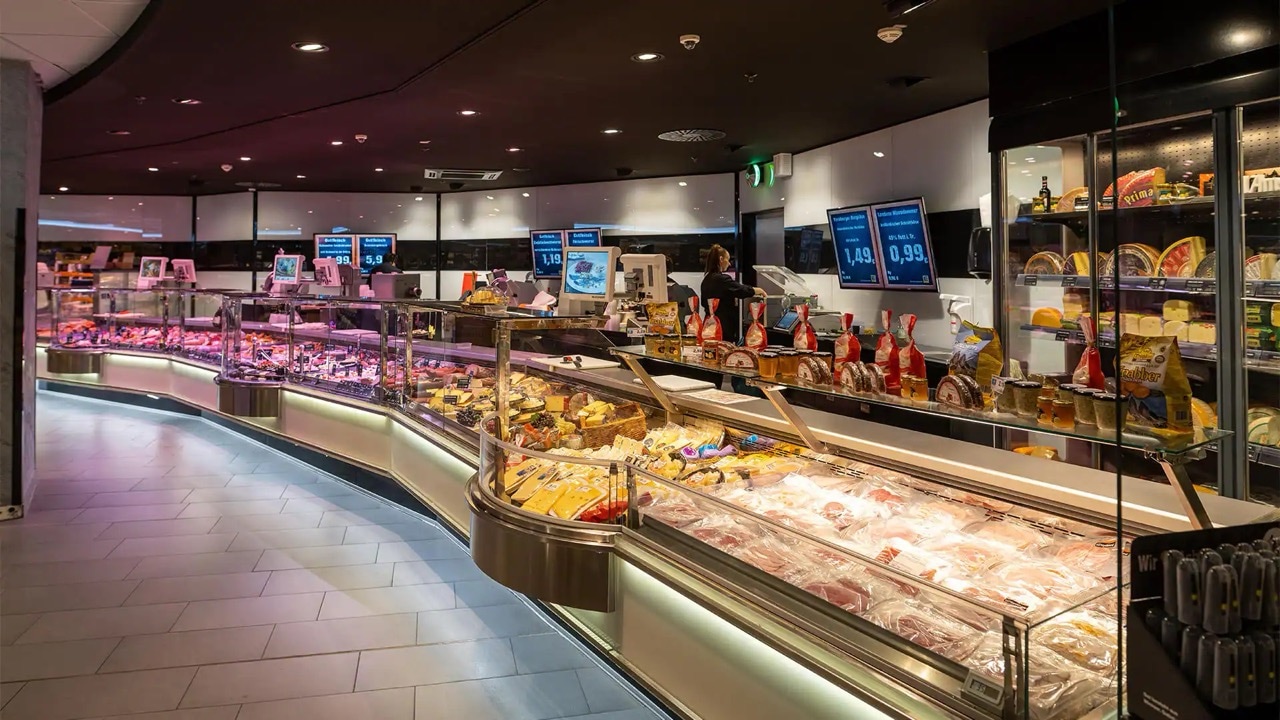 Frischetheke mit verglasten Auslagen.