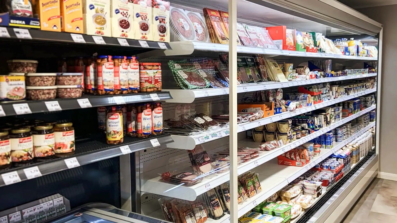 Kurzes Kühlregal mit Aufschnitt und Butter.