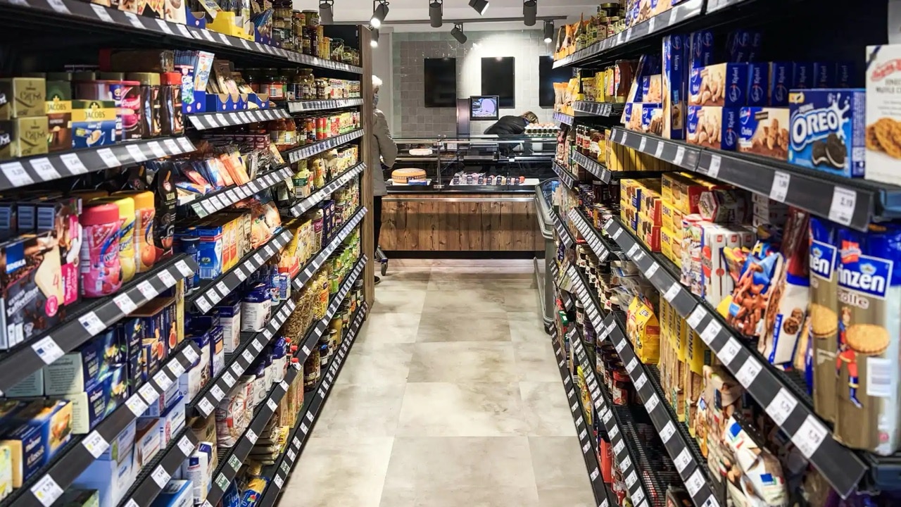 Schmaler Gang mit Keksen in den Regalen.