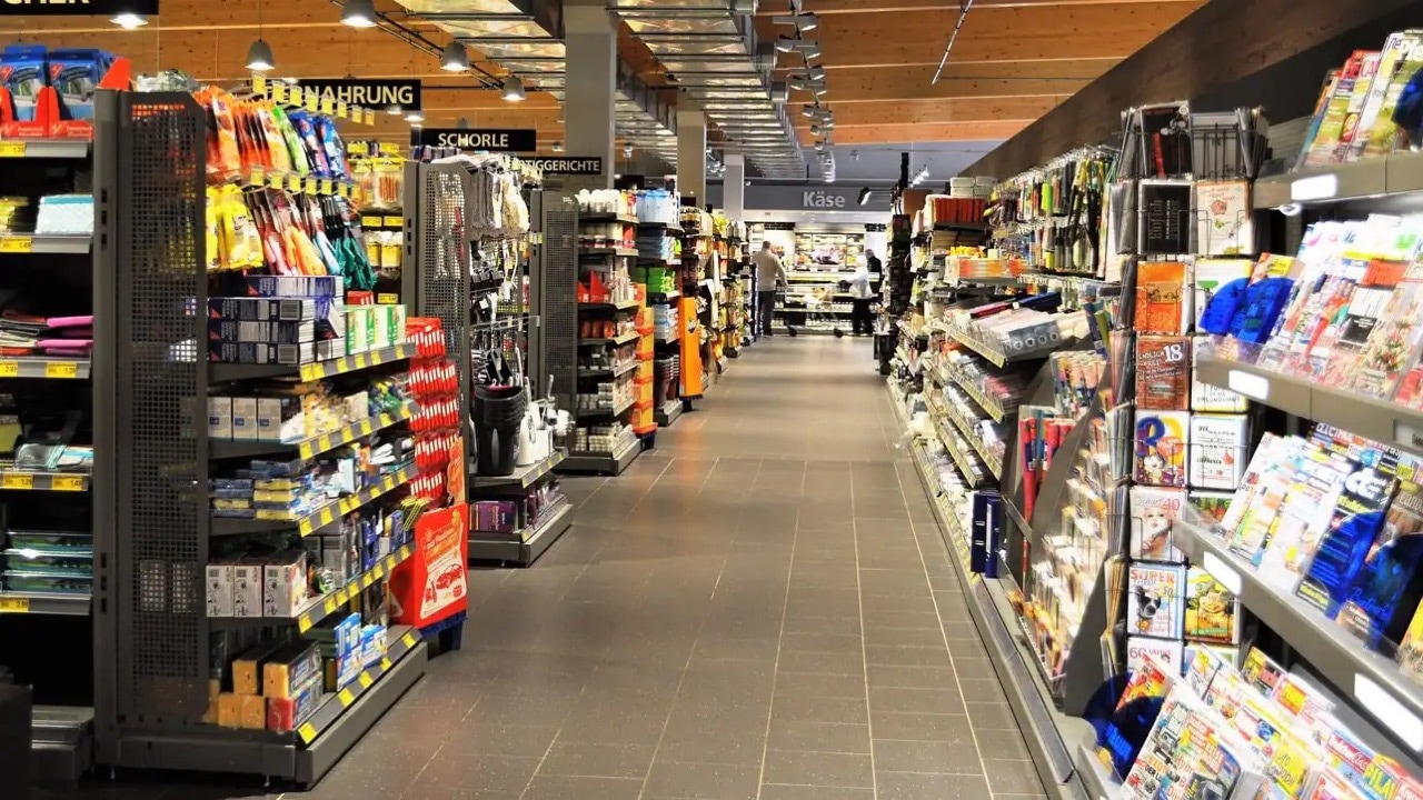 Langer Gang mit Nonfood-Artikeln im Markt: Schreibwaren, Zeitschriften und Haushaltshelfer.