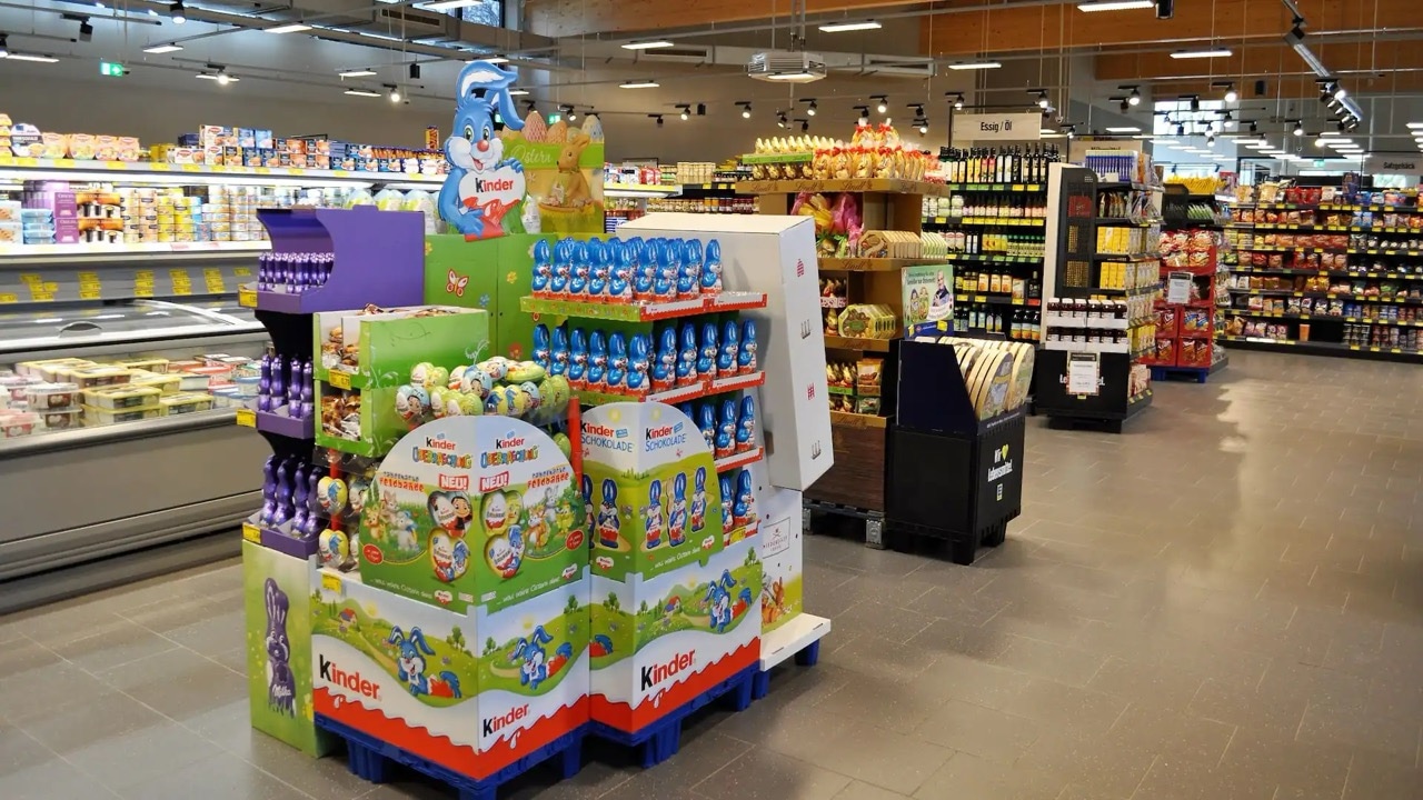 Aufsteller für Osterschokolade von den Marken Kinder und Milka.